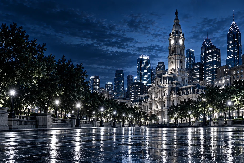Illustrative Philadelphia City Hall and skyline with white night lighting