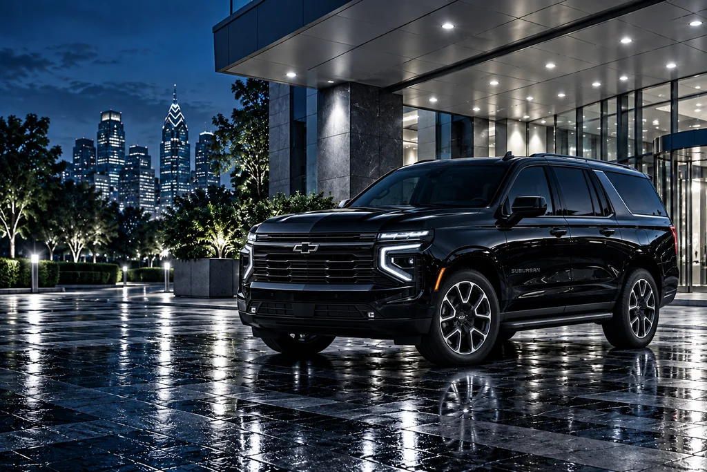 Illustrative black Chevrolet Suburban 2026 RST outside a hotel with white cinematic lighting