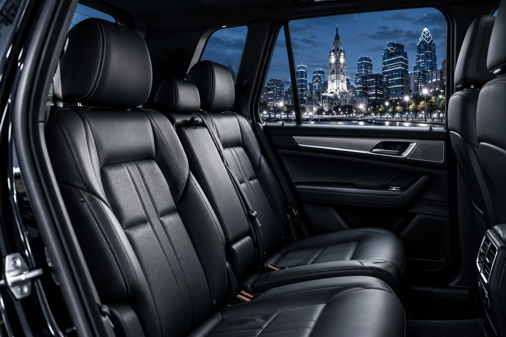 Illustrative black leather SUV interior with silver trim and cool lighting